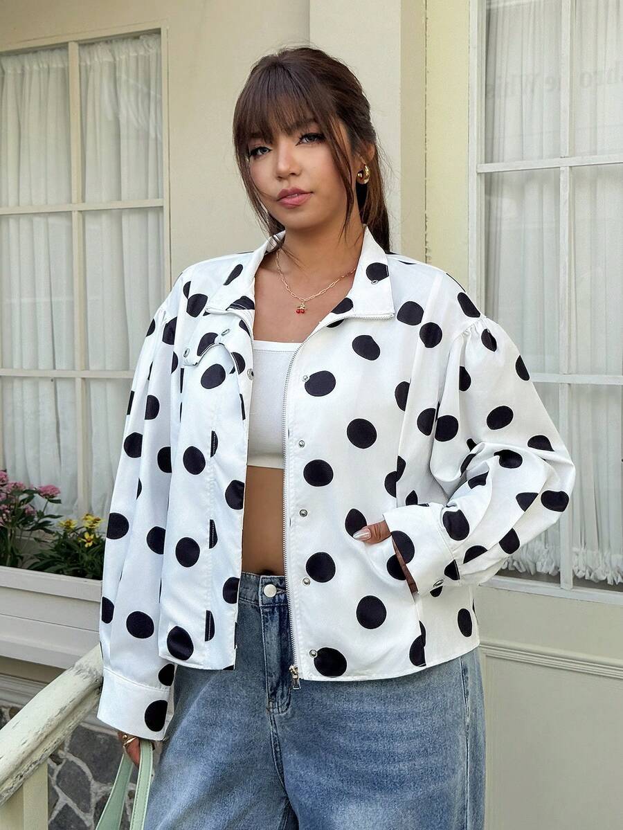 GalTyme Spring/Summer Polka Dot Casual Versatile Commute Date Plus Size Jacket - Black and White - View 1