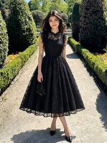 Tween Girls Elegant Back To School Formal Solid Black High Waist Sleeveless Flared Hem Lined Dress Sixth Form,Graduation,Party Autumn Fall - Black - View 2