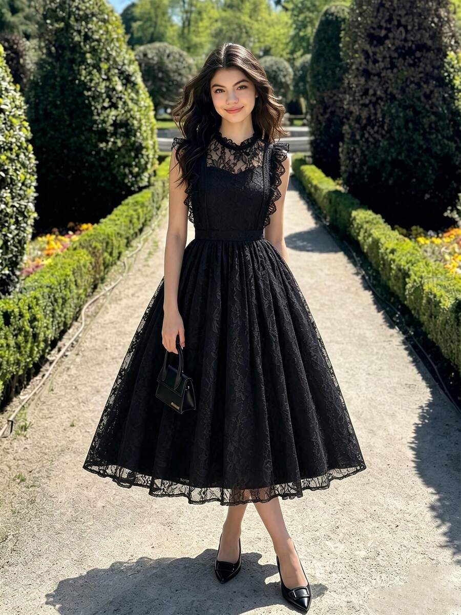 Tween Girls Elegant Back To School Formal Solid Black High Waist Sleeveless Flared Hem Lined Dress Sixth Form,Graduation,Party Autumn Fall