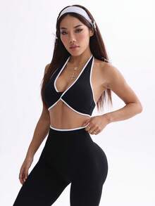 SHEIN Sovereign Charm 女士纯色拼接无袖简约上衣和长裤瑜伽撞色运动套装健身女套装女紧身裤套装健身房女装 - 黑色 - 查看 8