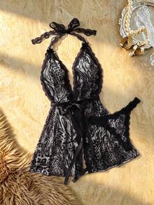 SHEIN 2pcs Lace Contrast Mesh Nightgown Set (Halter Neck + + Animal Print + Panty) Honeymoon School Grey Summer - Black - View 1