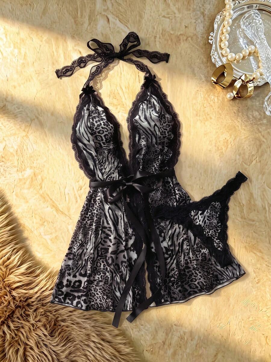 SHEIN 2pcs Lace Contrast Mesh Nightgown Set (Halter Neck + + Animal Print + Panty) Honeymoon School Grey Summer - Black - View 1