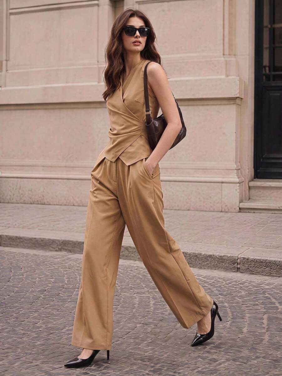 BizChic Sleeveless Wrap Vest & Trousers Suit Set, Business Formal, Vacation Style, Slouchy Chic, Commute, Date, Daily, Office, Independence Day, Graduation Season, Music Festival, Slimming, Elegant, Versatile, Summer, Party, Wedding Guest, Outing, Beach, Gathering, Social, Holiday, Shopping, Afternoon Tea, Travel, Minimalist - Brown - View 1