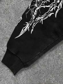 ROMWE MEN Goth 春季休闲男士万圣节暗黑金属朋克风街头风宽松骷髅十字架印花连帽卫衣，Y2K - 黑色 - 查看 5