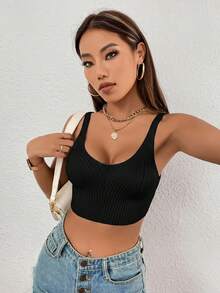 SHEIN Essnce Top de punto corto de unicolor casual de verano - Negro - Ver 3