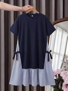 Robe à rayures et patchwork avec décoration de nœud pour adolescentes - Bleu marine - Voir 6
