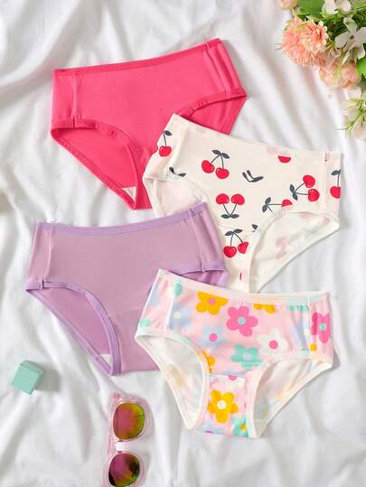 SHEIN Ropa interior para niña pequeña 4 piezas/set, multicolor de todas las estaciones con estampado de comida de dibujos animados y cerezas coloridas, camiseta interior esencial diaria, tela suave y amigable con la piel, cintura elástica de alta calidad, cómoda y a la moda, estilo lindo, duradera, adecuada para juegos activos para niños de todas las estaciones