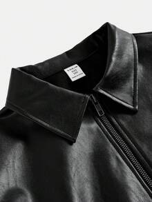 SHEIN 青少年女孩秋冬新款黑色翻領純色PU皮革夾克，短版休閒夾克，酷炫街頭風運動騎行PU拉鍊夾克，黑色百搭外套，返校季 - 黑色 - 查看 5