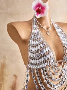 Femesol Women's Rhinestone Decorated Chain Fashion Creative Halter Top - White - View 12