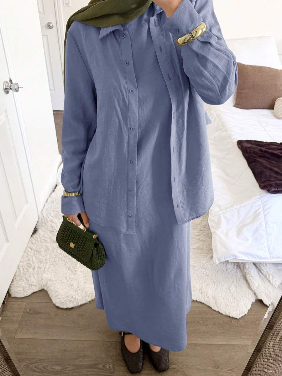 Solavon Women's Solid Color Dress And Single-Breasted Long Sleeve Cardigan Casual Daily 2 Pieces Set