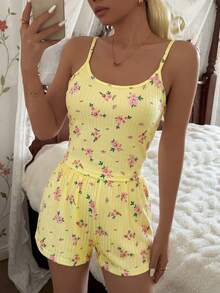 CottageSlumber 2pcs/Set Sweet Floral Camisole & Shorts Loungewear Set For Summer - Yellow - View 4