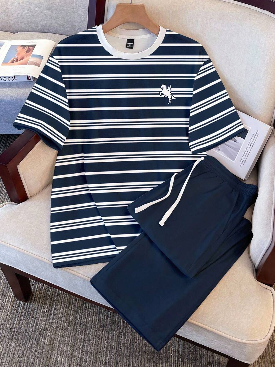 OldRiff 男士休閒條紋印花短袖T恤與長褲居家服套裝 - 藍色 - 查看 1
