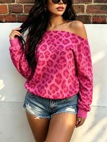 Rovax Rose Red Leopard Print Off-Shoulder Loose Long Sleeve Sweatshirt Y2K Vintage Leopard Print Off-Shoulder Loose Long Sleeve Women's - Hot Pink - View 4