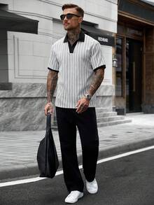 Manfinity CasualCool 男士休閒 INS 風格對比條紋紋理布料日常街頭穿搭男友丈夫禮物週年紀念禮物對比拼接 Polo 衫 - 彩色 - 查看 6