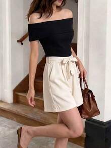 SHEIN Clasi Women's Casual French Elegant 2-In-1 Jumpsuit, Black Off-Shoulder Top Paired With Beige Shorts, With Belt, For Office Brunch, Party, Vacation Summer - Multicolor - View 3