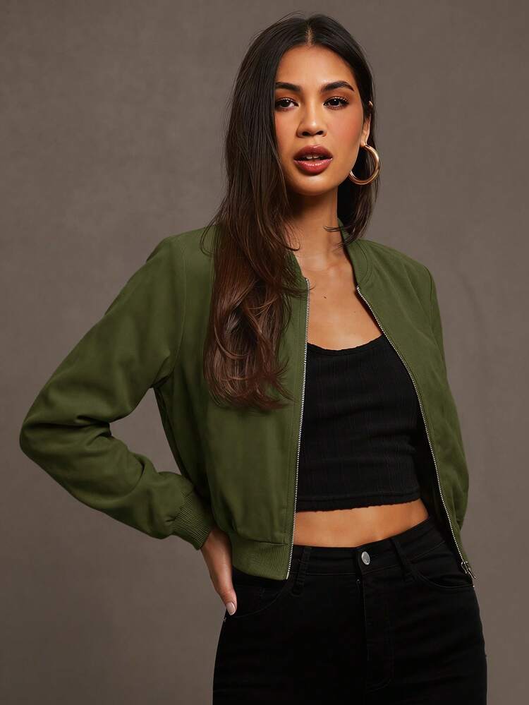 Siren Gaze Chaqueta Bomber Cortavientos con Cremallera para Otoño/Invierno - Verde militar - Añade 6
