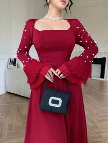 Modelyn Women's Elegant Long Sleeve Square Neck Dress, Rhinestone Embellished Waist-Flattering Slimming Hemline With Ruched Multi-Layer Ruffle Hem, Elegant Long Dress - Burgundy - View 7