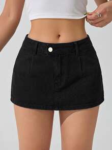SHEIN ICON Women's Simple Casual Solid Color Slant Pocket Mini Denim Skirt, Summer Festival - Black - View 5