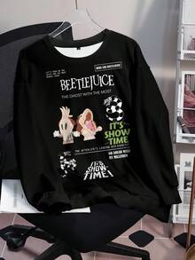 Beetlejuice X SHEIN Sweatshirt Kasual Lengan Panjang Leher Bulat Motif Kartun Slogan untuk Wanita Ukuran Besar, Cocok untuk Musim Gugur. - Putih - View 3