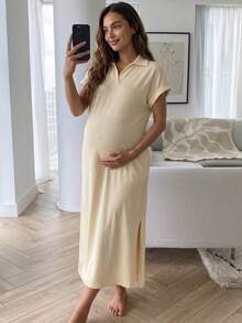 Slowluna 孕妇纯色短袖口袋侧开衩下摆休闲连衣裙 - 白色 - 查看 3