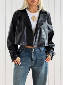 SHEIN EZwear 女款秋季時尚雙排扣短版夾克外套 - 黑色 - 查看 5