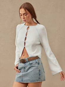WESTFADE Button Front Split Hem Contrast Stitch Long Sleeve Cardigan Sweater, Fall Winter 2026, Autumn, Female Country Look, Cowgirl, Rodeo, Back To School - Beige - View 6