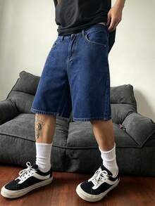 Manfinity Hypemode Plus Size Men's Casual Loose Fit Denim Wide Leg Shorts With Pockets - Medium Wash - View 3