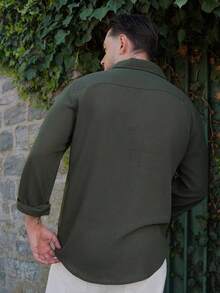 LEOGASHI LEOGASHI 男士纯色单排扣休闲亚麻长袖衬衫 - 軍綠色 - 查看 2