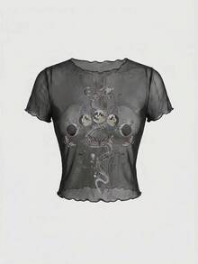 ROMWE Fairycore Women's Hippie Retro Pattern Mesh Short Sleeve Top - Black - View 1