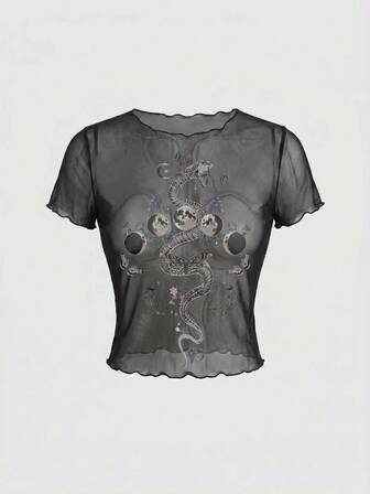 Fairycore Top da donna in rete con maniche corte e motivo hippie retrò