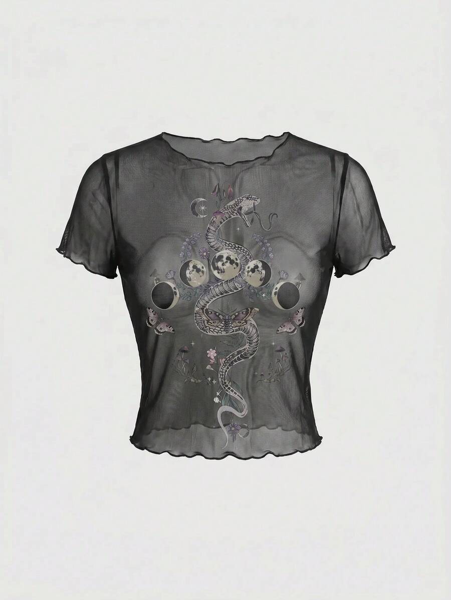 ROMWE Fairycore Women's Hippie Retro Pattern Mesh Short Sleeve Top - Black - View 1