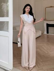 Celisse Conjunto elegante de 2 piezas para mujer con blusa de manga corta con cuello en V, patchwork de encaje bordado y lazo cruzado en los hombros & pantalones largos de pierna ancha - Albaricoque - Ver 4