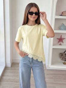 Elladie kids 青少年女孩純色圓領短袖蕾絲下擺T恤 - 杏色 - 查看 4