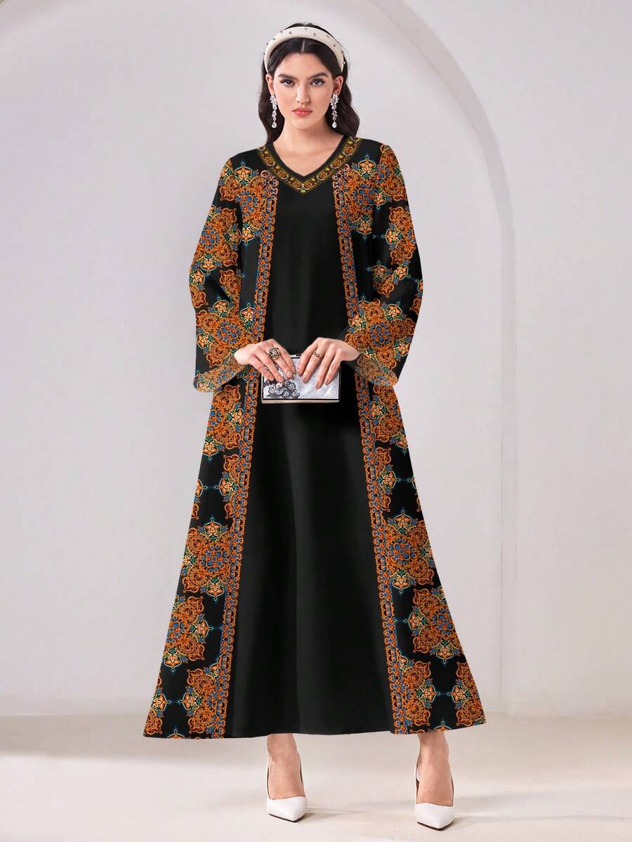 Al Najma 女款花卉印花V領休閒派對與旅行阿拉伯風洋裝 - 彩色 - View 1
