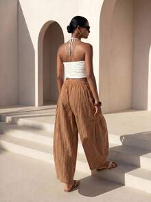 Zivah Women's Summer Brown Striped Boho Vacation Holiday Linen Fabric Loose Harem Lantern Long Pant With Side Pockets,Casual Nomadic Beach Party Outfits - Rust Brown - View 3