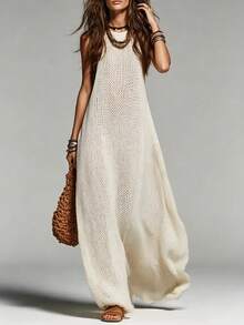 Hotletica Vacation Casual Solid Color Sleeveless Maxi Knit Dress - Apricot - View 4