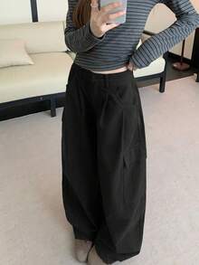 DAZY Women's Fashion Versatile Pocket Button Loose Wide Leg Denim Jeans - Black - View 3