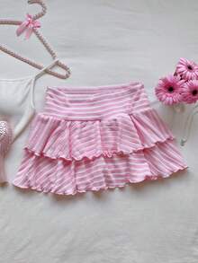 Comfortcana Women's Pink And White Striped Double Layer Ruffle Hem A-Line Short Skirt For Summer Going Out Beach Vacation Cute Y2k - Pink - View 7
