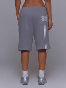 Musera Sport Grey Drawstring Elasticated Waist Side Striped Graphic Embroidered Cropped Sweat Jogger Short - Dark Grey - View 4