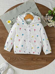 SHEIN Elladie kids 女童新款春夏/秋冬白色多彩花卉圖案紋理布料拉鍊連帽開襟衫，適合日常休閒時尚，可愛優雅且具運動風穿搭 - 白色 - 查看 7
