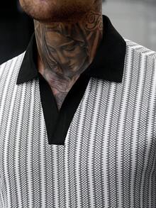 Manfinity CasualCool 男士休閒 INS 風格對比條紋紋理布料日常街頭穿搭男友丈夫禮物週年紀念禮物對比拼接 Polo 衫 - 彩色 - 查看 5