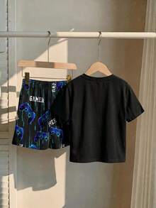 小男孩休閒極簡修身舒適圓領短袖短褲家居服，適合春夏，經典酷炫賽博龐克遊戲控制器圖案印花 - 彩色 - 查看 3