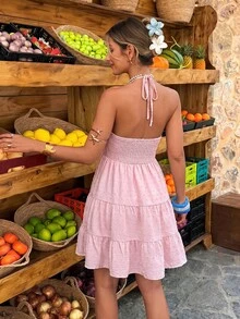 Flora Isola Flora Isola 女款標準尺寸春夏細肩帶收腰A字紋理布料休閒度假短洋裝 - 淺粉色 - 查看 2