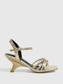 CUCCOO SZL Women's Spring And Summer New Fashion Gold Square Toe Buckle High-Heeled Sandals, Outdoor Vacation Party Commuter High-Heeled Sandals - Gold - View 2