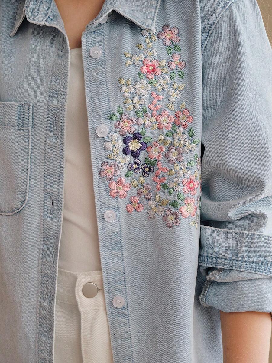 Anewsta New Girls' Luxurious Heavy Embroidery Casual Vacation Blue Shirt, Summer Promotion - Blue - View 1