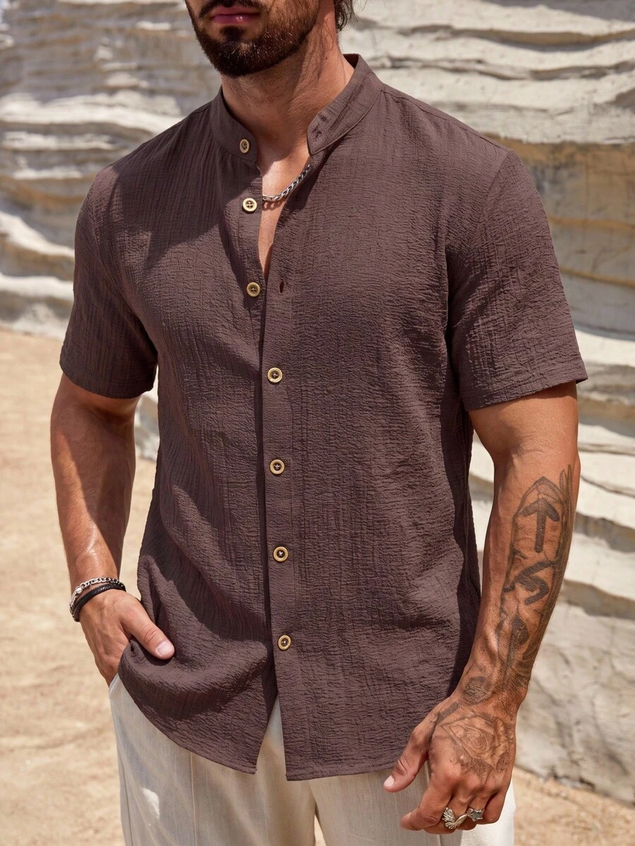 HIMLAND Men's Solid Color Woven Casual Front Button Stand Collar Short Sleeve Shirt Vacation Dark Brown Summer - Rust Brown - View 1