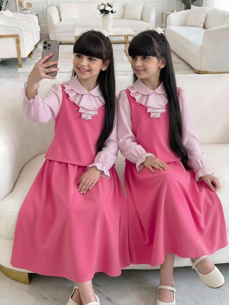 Back To School Tween Girl Patchwork Ruffle Striped Long Sleeve 2 In 1 Top And Skirt Casual Set School - Pink - View 4