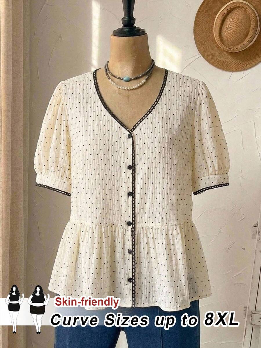 SHEIN CURVE+ Plus Size Women's Polka Dot Print Short Sleeve Single Breasted Ruffle Hem Shirt Party Brunch Tea Party Office Beige Summer 1950s Vintage Casual 1960s - Apricot - View 1