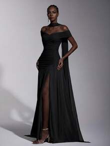 Elitara Elegant Minimalist Chic Off-Shoulder Ruched Asymmetric A-Line High Slit Dress, Suitable For Weddings, Formal Events, Galas, And Cocktail Parties - Black - View 4
