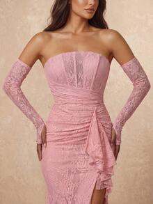 Lumalex Elegante vestido de encaje elástico sin hombros y sin tirantes con mangas de volantes transparentes desmontables, abertura hasta el muslo y bajo de sirena para bodas, galas y fiestas - Rosa vieja - Ver 2